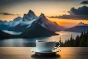 kaffe kopp på de tabell med bergen i de bakgrund. ai-genererad foto
