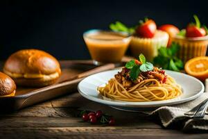 spaghetti med kött sås och grönsaker på en tallrik. ai-genererad foto