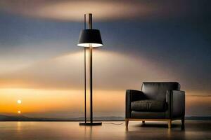 en stol och lampa i främre av en solnedgång. ai-genererad foto