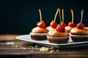 muffins med jordgubbar på topp på en tallrik. ai-genererad foto