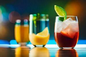 tre annorlunda cocktails på en bar disken. ai-genererad foto