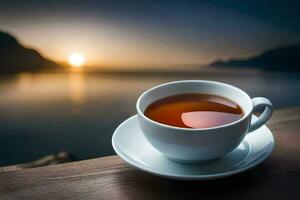 en kopp av te på en trä- tabell med en se av de hav. ai-genererad foto