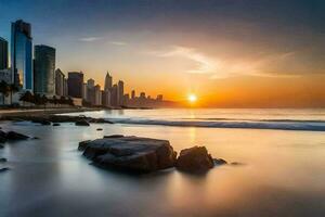 de Sol stiger över de stad horisont i dubai. ai-genererad foto