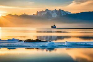 soluppgång över de berg, isberg, och en båt i de vatten. ai-genererad foto