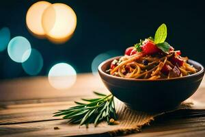 en skål av pasta med tomater och örter på en trä- tabell. ai-genererad foto