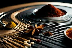 kryddor och kryddor är anordnad på en tabell. ai-genererad foto