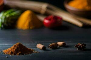 kryddor och kryddor på en svart tabell. ai-genererad foto