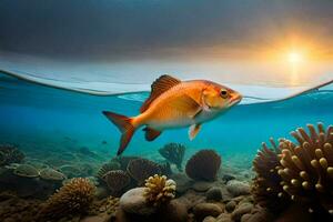 en fisk simning i de hav med korall rev. ai-genererad foto