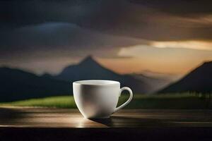 en kaffe kopp sitter på en tabell i främre av en berg räckvidd. ai-genererad foto