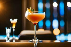 en cocktail Sammanträde på en bar med en ljus Bakom Det. ai-genererad foto