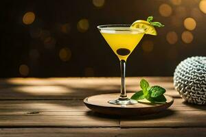 en cocktail med en citron- skiva och mynta löv. ai-genererad foto