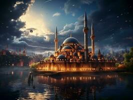 skön islamic moské med natt måne himmel och moln Foto tapet generativ ai