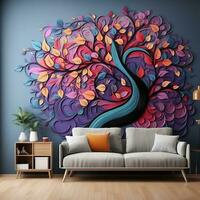 färgrik träd med Flerfärgad löv illustration bakgrund. 3d abstraktion tapet för interiör mural vägg konst dekor generativ ai foto