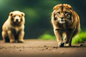 två lejon gående på en smuts väg. ai-genererad foto