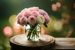 rosa ro i en vas på en trä- tabell. ai-genererad foto