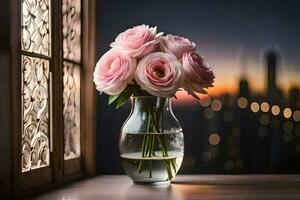 rosa ro i en vas på en fönster tröskel. ai-genererad foto