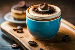 en cappuccino med en choklad garnering. ai-genererad foto