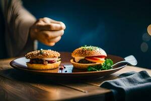 en person är innehav en burger på en tallrik. ai-genererad foto