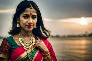 en skön indisk kvinna i en röd sari. ai-genererad foto