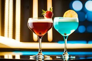 två cocktails med blå och röd flytande i glasögon. ai-genererad foto