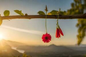 Foto tapet de himmel, de Sol, de berg, de blommor, de blommor, de blommor. ai-genererad