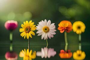 fem annorlunda färgad blommor är reflekterad i vatten. ai-genererad foto