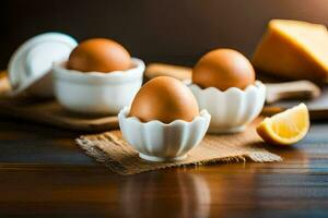 tre ägg i vit koppar på en trä- tabell. ai-genererad foto