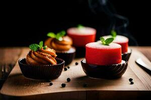 fyra annorlunda desserter på en trä- tabell. ai-genererad foto