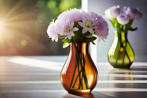 två vaser med blommor på en tabell i främre av en fönster. ai-genererad foto