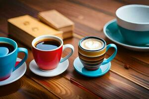 tre annorlunda färgad kaffe koppar sitta på en trä- tabell. ai-genererad foto