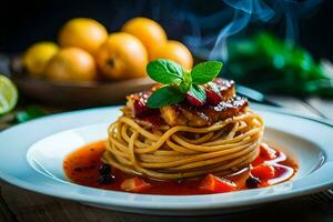 spaghetti med kött sås och tomater på en tallrik. ai-genererad foto