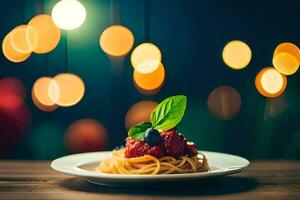 spaghetti med tomat sås och basilika löv på en tallrik. ai-genererad foto