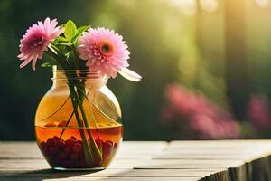 en glas burk med rosa blommor och bär på en tabell. ai-genererad foto