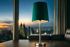 en modern lampa på en tabell i främre av en fönster. ai-genererad foto