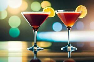 två cocktails på en tabell med en suddig bakgrund. ai-genererad foto