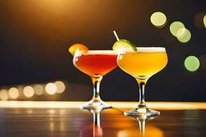 två cocktails på en bar disken med bokeh lampor. ai-genererad foto