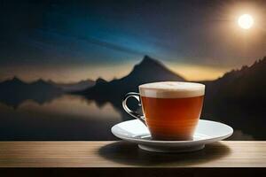 en kopp av kaffe på en tabell med en se av berg. ai-genererad foto