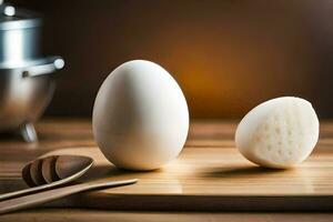 två ägg på en skärande styrelse med trä- skedar. ai-genererad foto