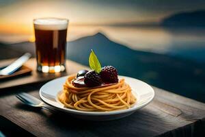 spaghetti med bär sås och en glas av vin. ai-genererad foto