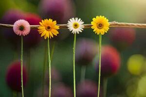 fyra annorlunda färgad blommor är på en tråd. ai-genererad foto