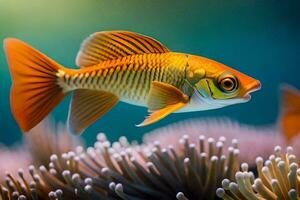 en fisk simning i ett akvarium med ett anemon. ai-genererad foto