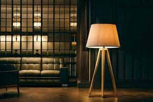en lampa är Sammanträde på en trä- golv i en rum. ai-genererad foto