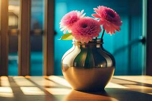 rosa blommor i en vas på en trä- tabell. ai-genererad foto