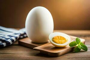 ett ägg och en halv kokt ägg på en skärande styrelse. ai-genererad foto