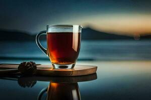 en glas av te sitter på en trä- bricka med en se av de hav. ai-genererad foto