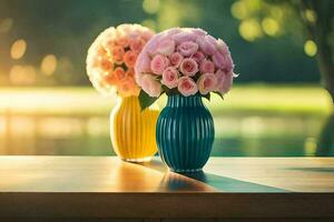 två vaser med rosa och blå blommor Sammanträde på en tabell. ai-genererad foto