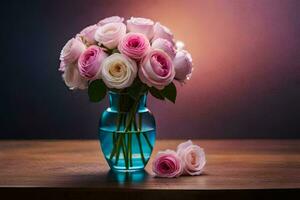 Foto tapet rosor, de himmel, de blommor, de vas, de tabell, de blommor. ai-genererad