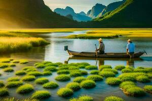 två män i en båt på en flod med gräs och berg. ai-genererad foto
