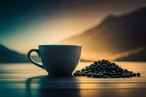kaffe, kopp, bönor, berg, soluppgång, soluppgång, kaffe, kaffe bönor, kaffe. ai-genererad foto