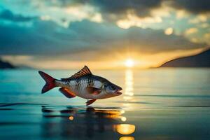 en fisk är simning i de vatten på solnedgång. ai-genererad foto